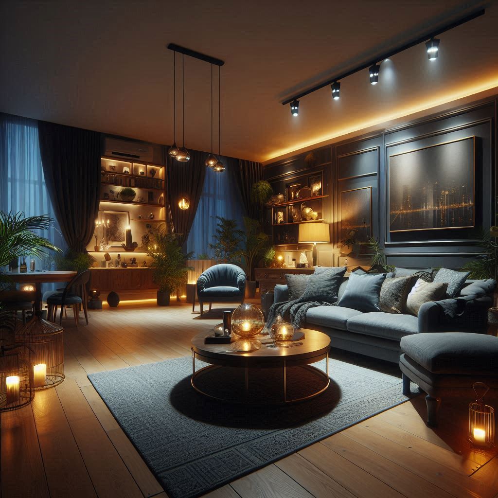 photo of a living room at night